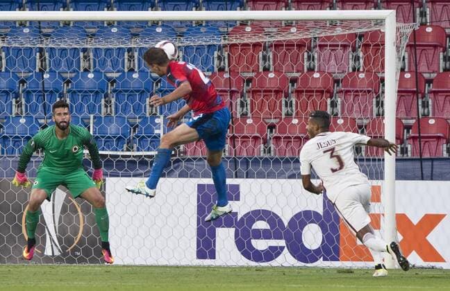 From left: goalkeeper Alisson Becker (Roma), scoring Marek Bakos (Pilsen) and Juan Jesus (Roma) in action during the European Football League group E, 1st round match FC Viktoria Pilsen vs AS Roma, in Prague, Czech Republic, on Thursday, September 15, 2016. (CTKxPhoto MichalxKamaryt) CTKPhotoP201609150867701  kmt 2