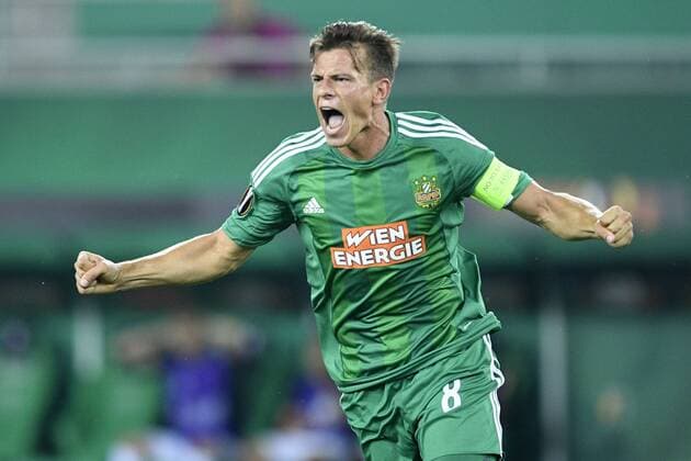 Rapid s Stefan Schwab celebrates after scoring during a soccer game between Austrian club SK Rapid Wien and Belgian team KRC Genk, in Vienna, Austria, Thursday 15 September 2016, the first game of the group stage of the Europa League competition in group F. YORICKxJANSENS  x04932647x