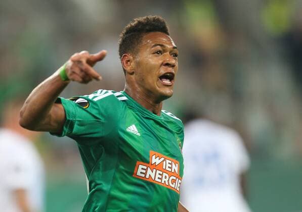 SOCCER - EL, Rapid vs Genk VIENNA,AUSTRIA,15.SEP.16 - SOCCER - UEFA Europa League, group stage, SK Rapid Wien vs KRC Genk. Image shows the rejoicing of Joelinton Cassio Apolinario de Lira (Rapid). Keywords: Wien Energie. GEPAxpictures xPhilippxBrem