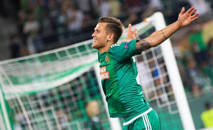 SOCCER - EL, Rapid vs Genk VIENNA,AUSTRIA,15.SEP.16 - SOCCER - UEFA Europa League, group stage, SK Rapid Wien vs KRC Genk. Image shows the rejoicing of Arnor Ingvi Traustason (Rapid). Keywords: Wien Energie. GEPAxpictures xPhilippxBrem