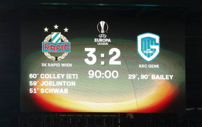 SOCCER - EL, Rapid vs Genk VIENNA,AUSTRIA,15.SEP.16 - SOCCER - UEFA Europa League, group stage, SK Rapid Wien vs KRC Genk. Image shows a scoreboard. Keywords: Wien Energie. GEPAxpictures xPhilippxBrem