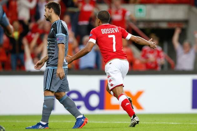 Standard s Matthieu Dossevi celebrates after scoring during a soccer game between Belgian team Standard de Liege and Spanish club Real Club Celta de Vigo in Liege, Thursday 15 September 2016, the first game of the group stage of the Europa League competition in group G. BRUNOxFAHY  x04932751x