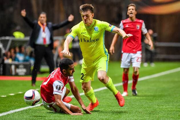 Gent s Thomas Foket pictured in action during a soccer game between Portuguese club SC Braga and Belgian team KAA Gent in Braga, Portugal, Thursday 15 September 2016, the first game of the group stage of the Europa League competition in group H. LUCxCLAESSEN  x04932801x