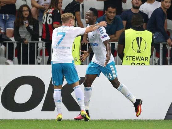 Fußball, EL, OGC Nizza - Schalke 04 15.09.2016, Fussball UEFA Europa League, 2016 17, Gruppenphase 1. Spieltag, OGC Nizza - FC Schalke 04, Jubel Abdul Rahman Baba (Schalke 04), re., und Max Meyer (Schalke 04)