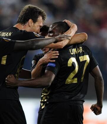 Osmanlispor s (TUR) Umar Aminu (R) celebrates his goal against Steau Bucharest (ROM) during tthe UEFA Europe League at Osmanli Stadium, Ankara, September 15th, 2016. (Hikmet Saatci - Depo Photos)  15501438