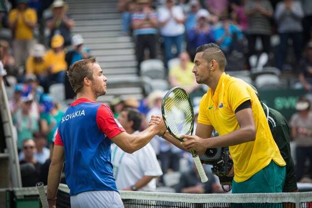 (160916) -- SYDNEY, Sept. 16, 2016 -- Nick Kyrgios (R) of Australia and Andrej Martin of Slovakia shake hands after their match at the Davis Cup World Group playoff in Sydney, Australia, Sept. 16, 2016. Nick Kyrgios won 3-0. ) (SP)AUSTRALIA-SYDNEY-TENNIS-DAVIS CUP ZhuxHongye 