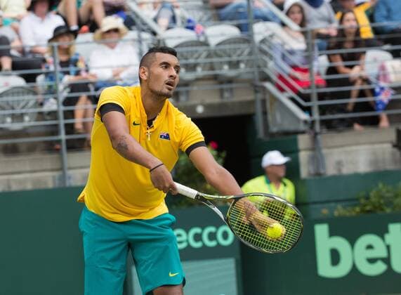 (160916) -- SYDNEY, Sept. 16, 2016 -- Nick Kyrgios of Australia serves to Andrej Martin of Slovakia during the Davis Cup World Group playoff in Sydney, Australia, Sept. 16, 2016. Nick Kyrgios won 3-0. ) (SP)AUSTRALIA-SYDNEY-TENNIS-DAVIS CUP ZhuxHongye 