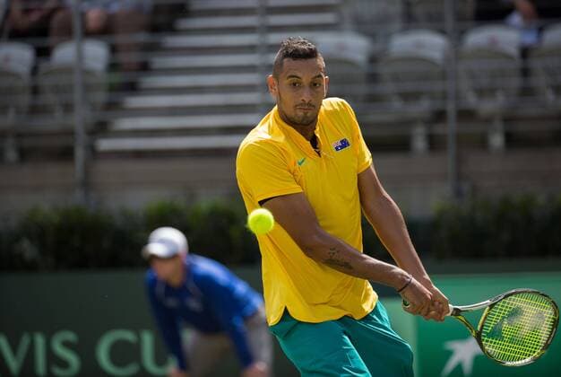 (160916) -- SYDNEY, Sept. 16, 2016 -- Nick Kyrgios of Australia returns the ball to Andrej Martin of Slovakia during the Davis Cup World Group playoff in Sydney, Australia, Sept. 16, 2016. Nick Kyrgios won 3-0. ) (SP)AUSTRALIA-SYDNEY-TENNIS-DAVIS CUP ZhuxHongye 