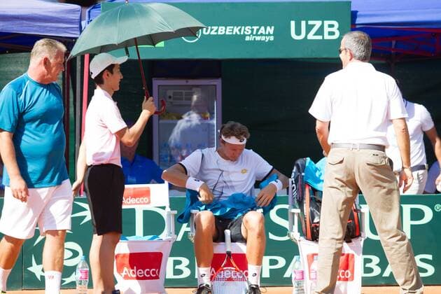 World group , play-off play-off round Uzbekistan Vs Switzerland (IN WHITE )Denis ISTOMIN from uzb - (in red )Antoine BELLIER frome swis 