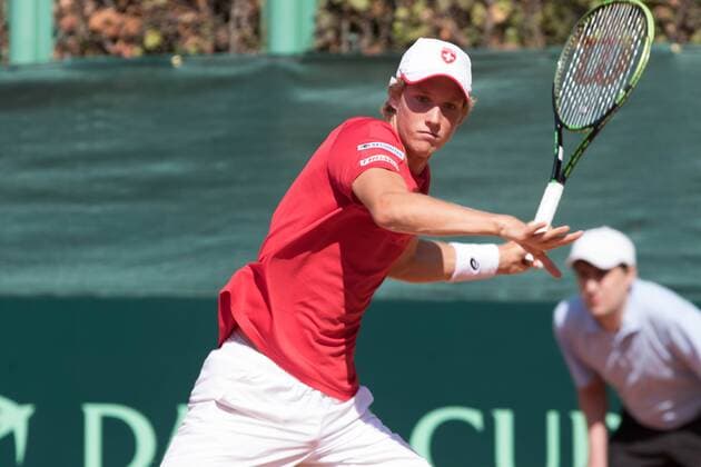 World group , play-off play-off round Uzbekistan Vs Switzerland (IN WHITE )Denis ISTOMIN from uzb - (in red )Antoine BELLIER frome swis 