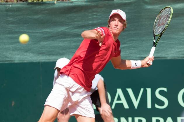 World group , play-off play-off round Uzbekistan Vs Switzerland (IN WHITE )Denis ISTOMIN from uzb - (in red )Antoine BELLIER frome swis 
