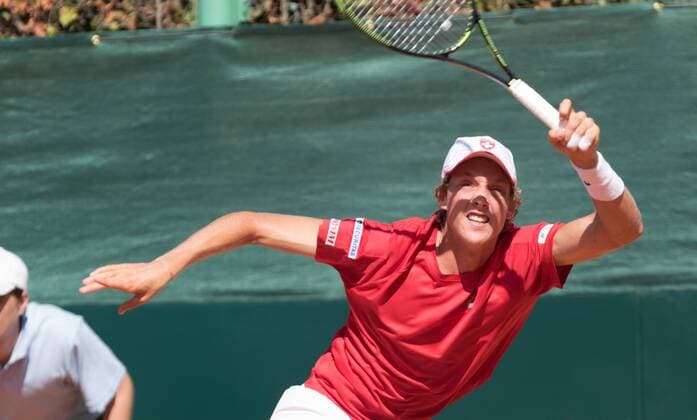 World group , play-off play-off round Uzbekistan Vs Switzerland (IN WHITE )Denis ISTOMIN from uzb - (in red )Antoine BELLIER frome swis 