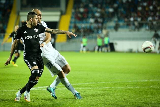 UEFA: Qarabag FK - Slovan Liberec Slovan Liberec Martin Latka (31) vies with Qarabag s Reynaldo (9) during the UEFA Europa League group J football match Qarabag vs Slovan Liberec at Dalga Arena stadium. The final score is 2-2.  AzizxKarimovx xPacificxPress
