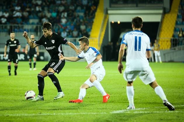 UEFA: Qarabag FK - Slovan Liberec Qarabag FK Michel is challenged by Slovan Liberec players during the UEFA Europa League group J football match Qarabag vs Slovan Liberec at Dalga Arena stadium. The final score is 2-2.  AzizxKarimovx xPacificxPress