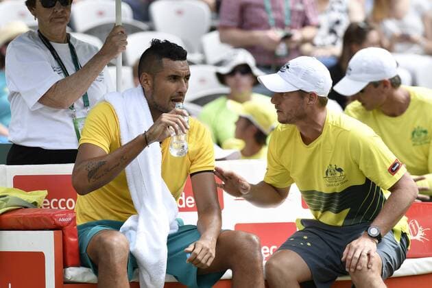 16.09.16 Sydney, Australia. Australian captain Lleyton Hewitt talks tactics to Nick Kyrgios of Australia during their mens singles match of the Davis Cup World Group Play-Off in the Ken Rosewall Arena. xNigelxOwenx  ActionPlus11790475