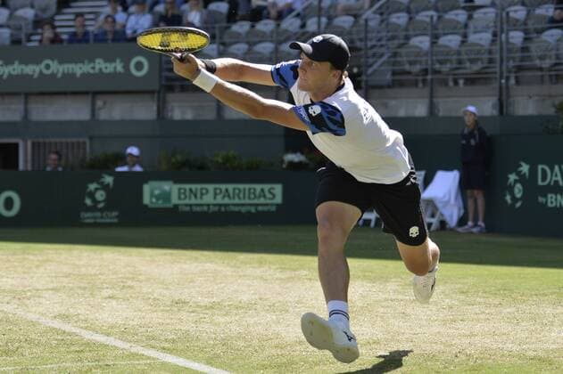 16.09.16 Sydney, Australia. Jozef Kovalik of Slovakia in action against Bernard Tomic of Australia during their mens singles match of the Davis Cup World Group Play-Off in the Ken Rosewall Arena. Tomic won the match 7-6,6-4,6-4. xNigelxOwenx  ActionPlus11790491