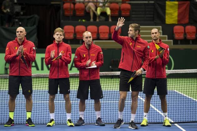 Davis Cup captain Johan Van Herck, Belgian David Goffin, Belgian Steve Darcis, Belgian Joris De Loore and Belgian Ruben Bemelmans pictured before a tennis game between David Goffin and Thiago Monteiro, the first game of the Davis Cup World Group play-off between Belgium and Brazil, Friday 16 September 2016, in Oostende. This Davis Cup meeting will be played from 16 to 18 September 2016 in Oostende. KRISTOFxVANxACCOM  x04933224x