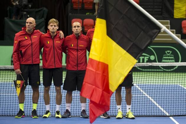 Davis Cup captain Johan Van Herck, Belgian David Goffin and Belgian Steve Darcis pictured before a tennis game between David Goffin and Thiago Monteiro, the first game of the Davis Cup World Group play-off between Belgium and Brazil, Friday 16 September 2016, in Oostende. This Davis Cup meeting will be played from 16 to 18 September 2016 in Oostende. KRISTOFxVANxACCOM  x04933222x