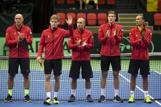 Davis Cup captain Johan Van Herck, Belgian David Goffin, Belgian Steve Darcis, Belgian Joris De Loore and Belgian Ruben Bemelmans pictured before a tennis game between David Goffin and Thiago Monteiro, the first game of the Davis Cup World Group play-off between Belgium and Brazil, Friday 16 September 2016, in Oostende. This Davis Cup meeting will be played from 16 to 18 September 2016 in Oostende. KRISTOFxVANxACCOM  x04933223x