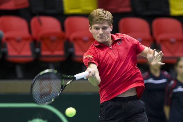 Belgian David Goffin pictured in action during a tennis game between David Goffin and Thiago Monteiro, the first game of the Davis Cup World Group play-off between Belgium and Brazil, Friday 16 September 2016, in Oostende. This Davis Cup meeting will be played from 16 to 18 September 2016 in Oostende. KRISTOFxVANxACCOM  x04933225x