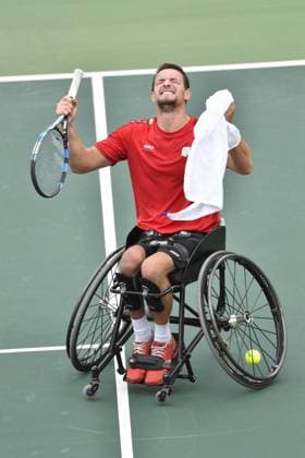 Belgian wheelchair tennis player Joachim Gerard celebrates as he wins the game and the bronze medal at a tennis game between Belgian Joachim Gerard and French Stephane Houdet, the bronze medal match of the men s singles tournament at the 2016 Paralympic Games in Rio, Brazil, Friday 16 September 2016. The Paralympics Games take place from 7 to 18 September 2016. BENOITxDOPPAGNE  x04933340x