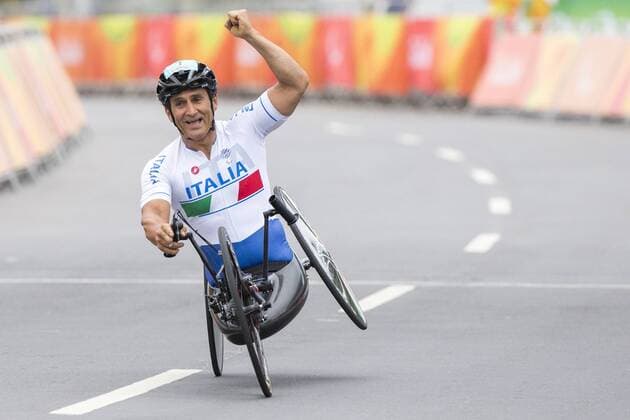 September 16, 2016 - Rio De Janeiro, Rio de Janeiro, Brazil - Italy s Alessandro Zanardi celebrates after winning the men s team relay competion. The italian team composed by Alessandro Zanardi toghether with Vittorio Podesto and Luca Mazzone won the gold medal, improving the second place in London 2012. in Rio de Janeiro, Brazil on 16 September 2016. 2016 Rio Paralympics - Day 9 - Mixed Team Relay H2-5  - ZUMAn230