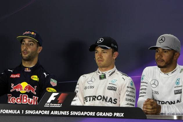 Singapore Grand Prix 15 - 18 September 2016 17.09.2016 - Qualifying, press conference PK Pressekonferenz Daniel Ricciardo (AUS) Red Bull Racing RB12, Nico Rosberg (GER) Mercedes AMG F1 W07 Hybrid and Lewis Hamilton (GBR) Mercedes AMG F1 W07 Hybrid 
