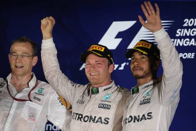 Singapore Grand Prix 15 - 18 September 2016 18.09.2016 - Race, Nico Rosberg (GER) Mercedes AMG F1 W07 Hybrid race winner and 3rd position Lewis Hamilton (GBR) Mercedes AMG F1 W07 Hybrid 