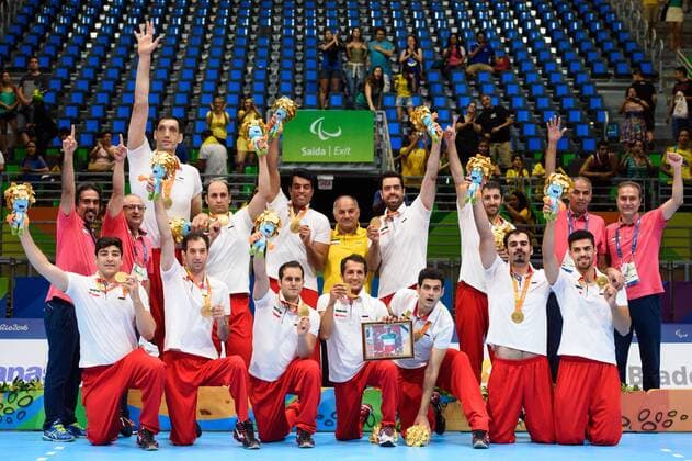 18.09.2016, Rio de Janeiro, Riocentro 6 Paralympische Spiele, Sitzvolleyball, Siegerehrung 1. Platz Gold Goldmedaille: Iran Jubel