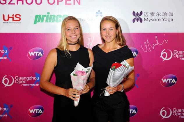 Anett Kontaveit of Estonia, left, and Denisa Allertova of Czech Republic arrive at the red carpet for the welcome party of the 2016 WTA Tennis Damen Guangzhou Open tennis tournament in Guangzhou city, south China s Guangdong province, 19 September 2016. Tennis stars glam up welcome party for 2016 Guangzhou Open tennis tournament  20160920_58603