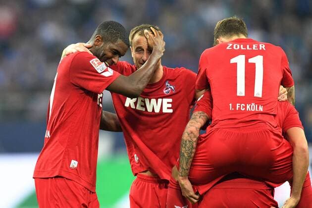 Köln, Fussball, 1.BL Saison 2016 2017, Spieltag 4, FC Schalke 04 - 1.FC Köln, 21.09.2016, Veltinsarena Gelsenkirchen, Anthony Modeste, Matthias Lehmann, Simon Zoller, alle FC Köln, Aktion, Torjubel