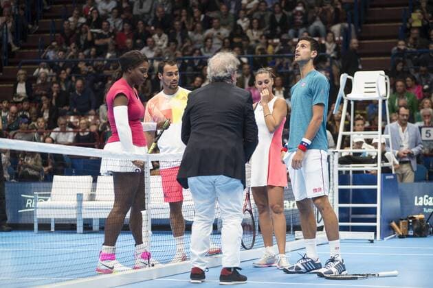 Tennis, Djokovic and Friends Showmatch in Mailand Milan, Djokovic and Friends in the photo: Fabio Fognini, Novak Djokovic, Flavia Pennetta, Serena Williams  Copyright: xAlbertoxScarpinatox