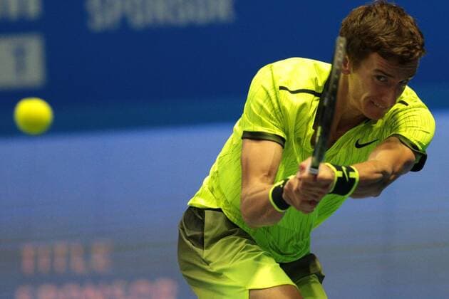 September 22, 2016 - Saint Petersburg, Russia - Andrey Kuznetsov of Russia returns the ball to Tomas Berdych of Czech Republic during the St. Petersburg Open ATP Tennis Herren tennis tournament match in St. Petersburg, Russia, September 22, 2016. St. Petersburg Tennis Open 2016  - ZUMAn230