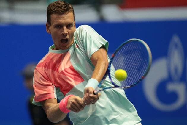 September 22, 2016 - Saint Petersburg, Russia - Tomas Berdych of Czech Republic returns the ball to Andrey Kuznetsov of Russia during the St. Petersburg Open ATP Tennis Herren tennis tournament match in St. Petersburg, Russia, September 22, 2016. St. Petersburg Tennis Open 2016  - ZUMAn230