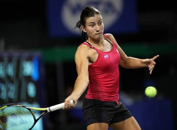 September 22, 2016, Tokyo, Japan - Latvia s Anastasija Sevastova returns the ball against Garbine Muguruza of Spain during the second round of the Toray Pan Pacific Open tennis championships in Tokyo on Thursday, September 22, 2016. Muguruza defeated Sevastova 6-3, 6-3. Noxthirdxpartyxsales  (lwxa004796)