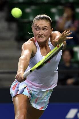 September 22, 2016, Tokyo, Japan - Aliaksandra Sasnovich of Belarus returns the ball against Karolina Pliskova of Czech Republic during the second round of the Toray Pan Pacific Open tennis championships in Tokyo on Thursday, September 22, 2016. Sasnovich defeated Pliskova 6-4, 6-2. Noxthirdxpartyxsales  (lwxa004773)