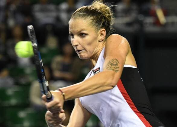 September 22, 2016, Tokyo, Japan - Karolina Pliskova of Czech Republic returns the ball against Aliaksandra Sasnovich of Belarus during the second round of the Toray Pan Pacific Open tennis championships in Tokyo on Thursday, September 22, 2016. Sasnovich defeated Pliskova 6-4, 6-2. Noxthirdxpartyxsales  (lwxa004776)