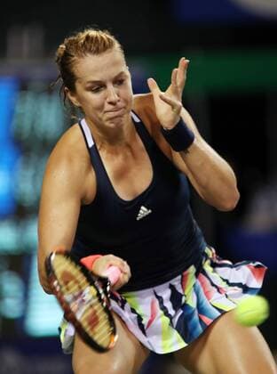 September 22, 2016, Tokyo, Japan - Russia s Anastasia Pavlyuchekova retursn the ball against Elina Svitolina of Ukraine during the second round of the Toray Pan Pacific Open tennis championships in Tokyo on Thursday, September 22, 2016. Svitolina defeated Pavlyuchenkova 7-6, 6-4. Noxthirdxpartyxsales  (lwxa004803)
