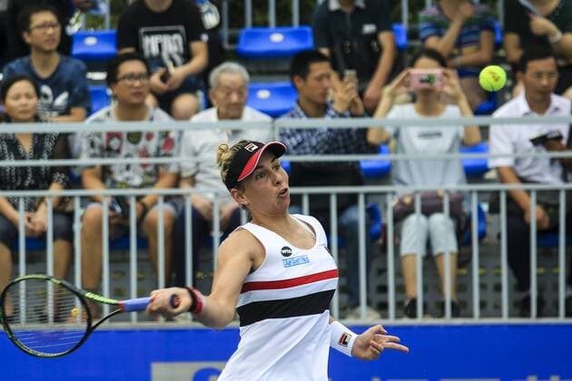 WUHAN, CHINA - SEPTEMBER 23: Marina Erakovic of New Zealand returns a shot against Louisa Chirico of the United States during the qualifying match of 2016 WTA Tennis Damen Dongfeng Motor Wuhan Open at Optics Valley International Tennis Center on September 23, 2016 in Wuhan, China.  CFP492556102 