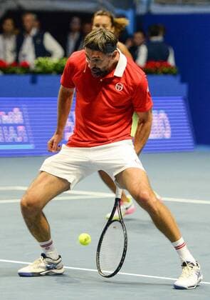 ST PETERSBURG, RUSSIA â€“ SEPTEMBER 25, 2016: Goran Ivanisevic of Croatia in action in a mixed doubles match against Anastasia Myskina and Yevgeny Kafelnikov of Russia as part of the world tennis legends show at the 2016 St. Petersburg Open. Andrei Ivanov TASS  TS032583