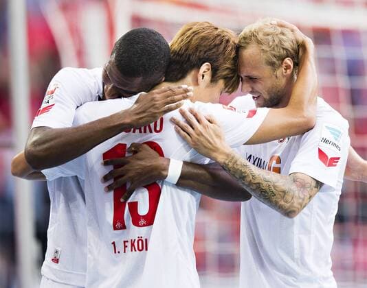 Köln, 25.09.2016, Rhein-Energie-Stadion Torjubel: Anthony Modeste (Koeln), Yuya Osako (Koeln), Marcel Risse (Koeln) 1. FC Köln - RB Leipzig mm