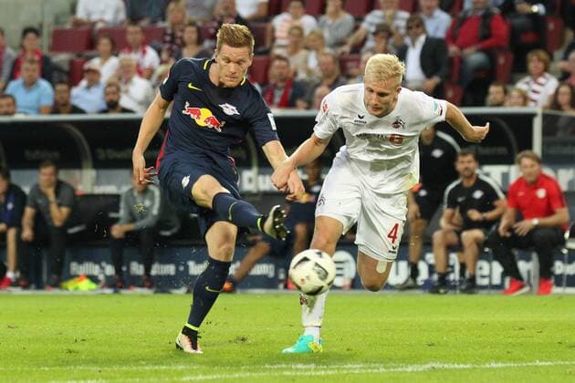 25.09.2016, xkvx, Fussball 1.Bundesliga, 1. FC Koeln - RB Leipzig, emspor, v.l. Marcel Halstenberg (RB Leipzig), Frederik Soerensen (1. FC Koeln) Koeln