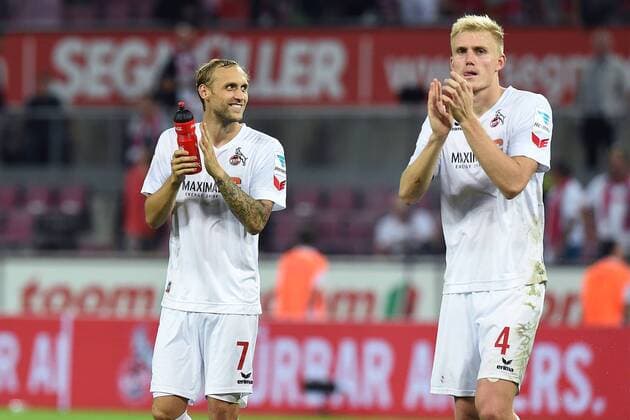Fußball 1. Bundesliga 5. Spieltag 1. FC Köln - RB Leipzig am 25.09.2016 im RheinEnergieStadion in Köln Marcel Risse ( Köln ), links - Frederik Sörensen ( Köln ), rechts xRx