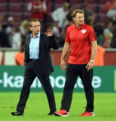 1. FC Köln - RasenBallsport Leipzig 25.09.2016. Trainer Ralph Hasenhüttl (re.) und Sportdirektor Ralf Rangnick (Leipzig). HM