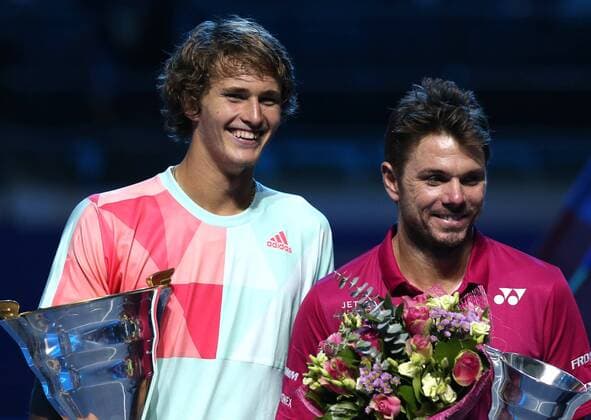 ST PETERSBURG, RUSSIA - SEPTEMBER 25, 2016: 1st placed Alexander Zverev of Germany (L) and 2nd placed Stanislas Stan Wawrinka of Switzerland pictured during the award ceremony for the men s singles final at the 2016 St. Petersburg Open international tennis tournament. Peter Kovalev TASS  TS032691