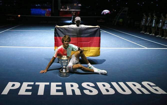ST PETERSBURG, RUSSIA - SEPTEMBER 25, 2016: Alexander Zverev of Germany poses with his trophy during the award ceremony for the men s singles final at the 2016 St. Petersburg Open international tennis tournament. Peter Kovalev TASS  TS032697