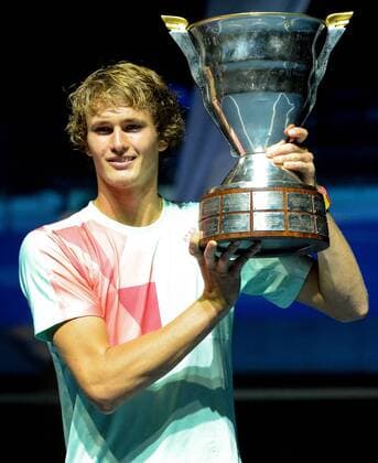 ST PETERSBURG, RUSSIA - SEPTEMBER 25, 2016: Alexander Zverev of Germany poses with his trophy during the award ceremony for the men s singles final at the 2016 St. Petersburg Open international tennis tournament. Andrei Ivanov TASS  TS03269D