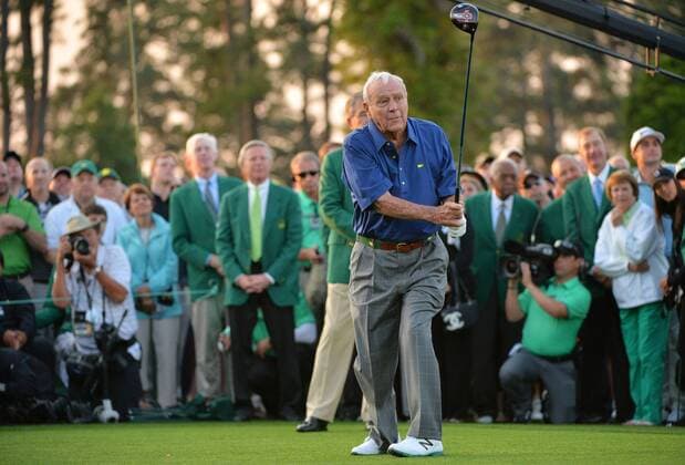 Arnold Palmer, seen in this April 9, 2015 file photo hitting the honorary tee shot to start the 2015 Masters, died today, September 25, 2016, at the age of 87. The seven-time major winner was known as the king of golf and given credit for bringing the to the masses. File photo by Kevin Dietsch UPI  WAX20160925301 KEVINxDIETSCH