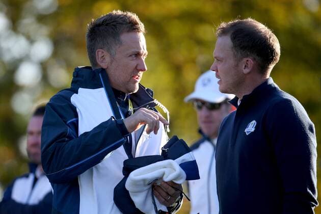 GOLF - Ryder Cup 2016 CHASKA,MINNESOTA,USA,27.SEP.16 - GOLF - Ryder Cup, Hazeltine National Golf Club. Image shows vice-captain Ian Poulter (ENG) and Danny Willett (ENG). GEPAxpictures xDanielxGoetzhaber