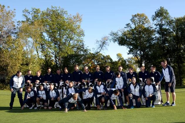 GOLF - Ryder Cup 2016 CHASKA,MINNESOTA,USA,27.SEP.16 - GOLF - Ryder Cup, Hazeltine National Golf Club. Image shows Sergio Garcia (ESP), Danny Willett (ENG), Rafa Cabrera Bello (ESP), Lee Westwood (ENG), Henrik Stenson (SWE), Chris Wood (ENG), captain Darren Clarke (IRL), Thomas Pieters (BEL), Justin Rose (ENG), Martin Kaymer (GER), Rory Mcilroy (IRL), Matthew Fitzpatrick (ENG), Andy Sullivan (ENG), vice-captain Ian Poulter (ENG) and caddys. GEPAxpictures xDanielxGoetzhaber